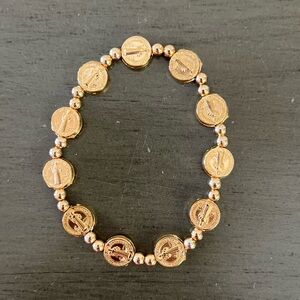 St. Benedict Vatican Cross Catholic Saint Gold Bead Stretchy Stackable Bracelet